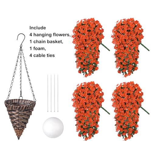 Artificial Fake Hanging Flowers Plants Baskets for Outdoor Outside, Faux Silk Orange Daisy Mums Trailing Vines in Planter Realistic UV Resistant for Balcony Porch Decor - color: Orange