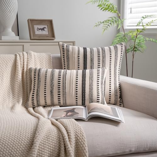 Cethom Black Boho Throw Pillow Covers 12x20 Inch Set of 2, Stripe Textured Decorative Couch Pillow Cases for Bed, Sofa, Living Room, Bedroom, Farmhouse Home Accent Cushion Covers - color: Black, size: 20" x 12" (Pack of 2)