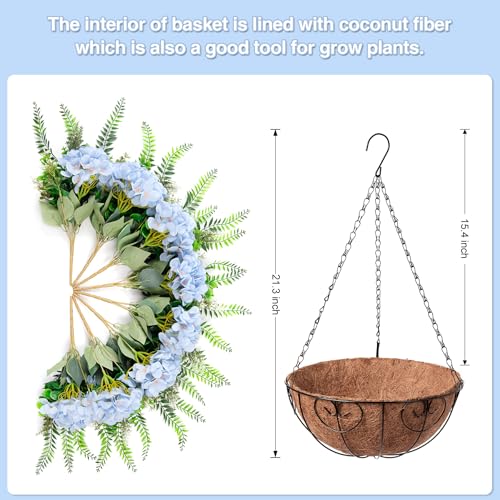 Ammyoo Artificial Hanging Hydrangea Flowers with Basket for Outdoor Spring Decoration, Fake Silk Hydrangea Flower Outdoor Indoor Arrangements, Fake Hanging Plants for Balcony Garden Yard Decor(Blue) - color: Z-blue With Basket