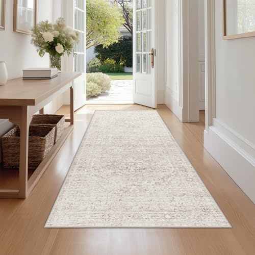 Fmfunctex 2x6 Hallway Runner Rug Beige Vintage Neutral Washable Distressed Non Slip Low Pile Traditional Indoor Carpet Soft Retro Entryway Rug for Kitchen Living Room Bedroom Bathroom Laundry Entrance - color: Beige, size: 2' x 6' (Rectangular)