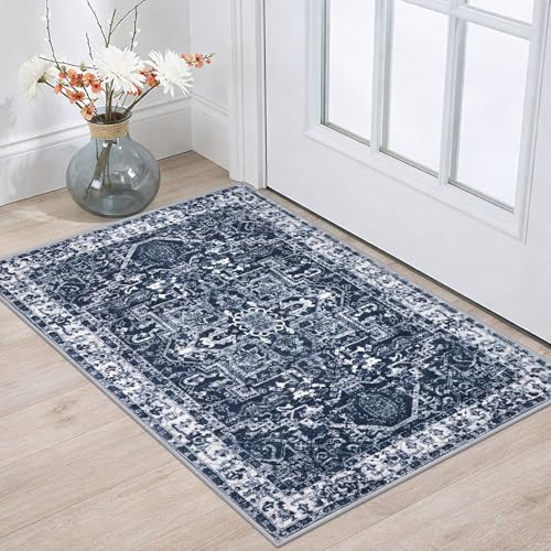 KOZYFLY Small Area Rug 2x3 Ft Rugs for Entryway Washable Boho Entry Rug Non Slip Door Mat Indoor Entrance Faux Wool Vintage Printed Kitchen Rug Throw Rugs for Entrance Kitchen, Navy/Grey - color: Navy Blue/Grey, size: 2' x 3' (Rectangular)