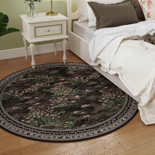 Rugcomf Circle Rug Impressionist-Style Vintage Round Rug 4ft Non Slip Low Pile Small Circular Rug for Bedroom Bathroom Entryway Kids Room Office College Dorm, Black - color: Black, size: 4' (Round)