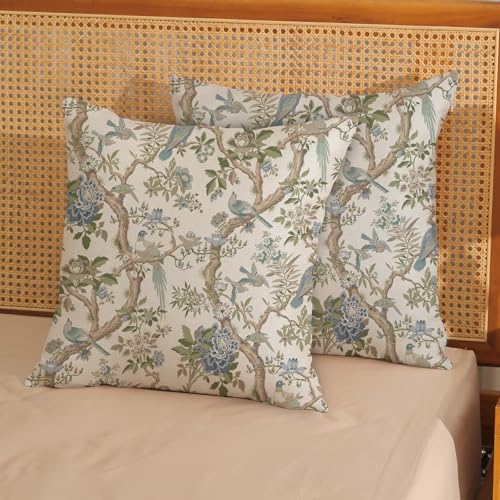 Chinoiserie Throw Pillow Covers 16x16 Inch 2 Pcs Vintage Blue Green Floral Bird Decor Pillow Covers Flower Outdoor Seasonal Farmhouse Decorative Pillowcase Linen Cushion Cover for Couch Sofa - color: Chinoiserie Sage Green Blue Floral Bird, size: 16" x 16