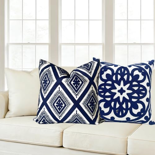 Slow Cow Embroidery Navy Blue Pillow Covers Cushion Covers Invisible Zipper for Living Room 18 x18 Inch - color: Navy Eyes, size: 18" x 18" (Pack of 1)
