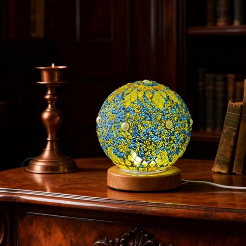 Morocco Mosaic Table Lamp Stained Glass Lamps with Wooden Base Turkish Sphere Decor Night Lights for Moroccan Style Meditation Room Office Desk Living Room Decoration(Maroc - Green, Maroc) - style: Morocco Green