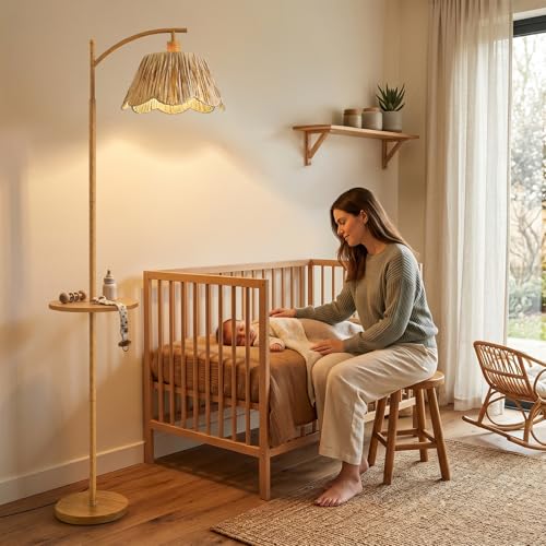 Oneach 63.5" Floor Lamp with Table for Living Room, Boho Rattan Standing Lamps with Foot Switch, Farmhouse Floor Lamp for Bedroom, Arc Tall Lamp with Metal Base&Pole, Bulb not Included, Woodgrain - color: Woodgrain