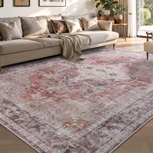 YOH Boho Washable Rug 4x6, Rust Red Vintage Non Slip Area Rug, Distressed Indoor Carpet for Living Room Bedroom Kitchen Office - color: A-rust Red, size: 4' x 6' (Rectangular)
