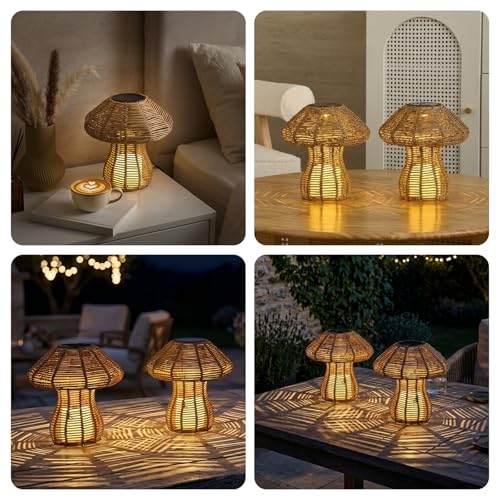 Portable Rattan Table Lamp for Indoor Outdoor, CE,RoHS Certified Solar Charging & Replaceable Battery LED Light, Ratten Bedroom Lamp with Warm Candle Bulb for Patio Bedroom, Pack of 2 - style: Pack of 2