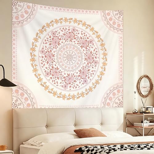 Tichgeim Boho Floral Pink Mandala Tapestry Wall Hanging for Bedroom, White and Pink Aesthetic Tapestries Room Cute Decor for Girls, Hippie Indian Blanket for Dorm Livingroom 61" × 50" - color: Pink White Mandala Tapestry, size: 60"L x 51"W