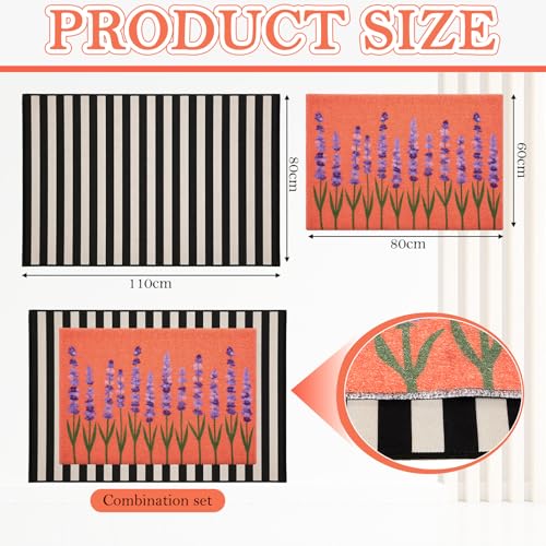 2 Pcs Door Mat Outside Entrance 24 x 32'' Lavender Floral Door Mat Outside and 32 x 43'' Black and White Striped Rug Non Slip Large Floor Layering Doormat for Front Porch Entryway Decor