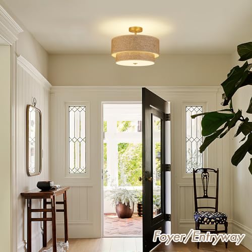 16 Inch Woven Rattan Linen Semi Flush Mount Ceiling Light Fixture, Modern Boho Drum Lamp for Bedroom, Kitchen, Dining Room, Living Room, Hallway, Entryway, Farmhouse Gold Wicker Chandelier - color: Brown