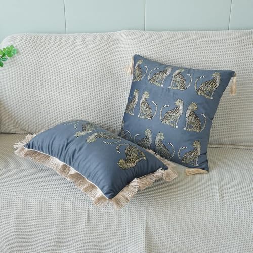 Lumbar Decorative Throw Pillow Cover with Tassels Leopard Pattern Cushion Cover Luxury Style Soft Velvet Pillowcase for Sofa Couch Bedroom (12"x20",Grey) - color: Grey, size: 20" x 12" (Pack of 1)