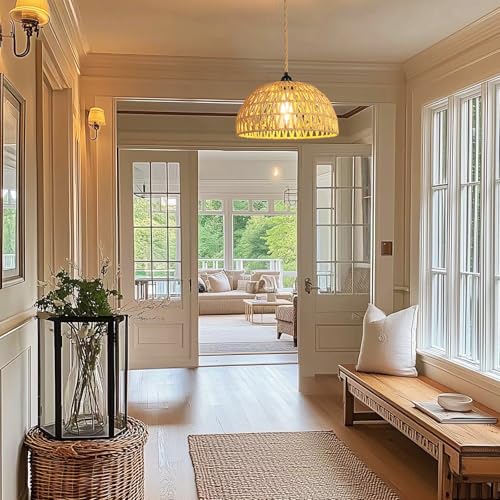 Boho Pendant Light Plug in: Rattan Hanging Lamp with 14.7ft Plug in Cord, Adjustable Height Hand Woven Hanging Light Fixture for Living Room, Bedroom, Dining Room, Kitchen, E26 No Bulb