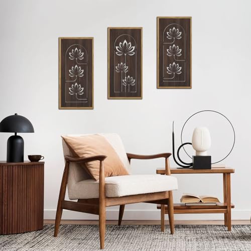 KAIRNE Lotus Wooden Wall Art,Floral Vintage Farmhouse Room Boho Decor,Set of 3(16” X 8”),Framed Mandala Lotus Flowers Wall Decor,Bohemian Retro Wood Hanging Board for Living Room Yoga room Office Decoration - color: Lotus Wooden Wall Art, size: 8"L x 16"W