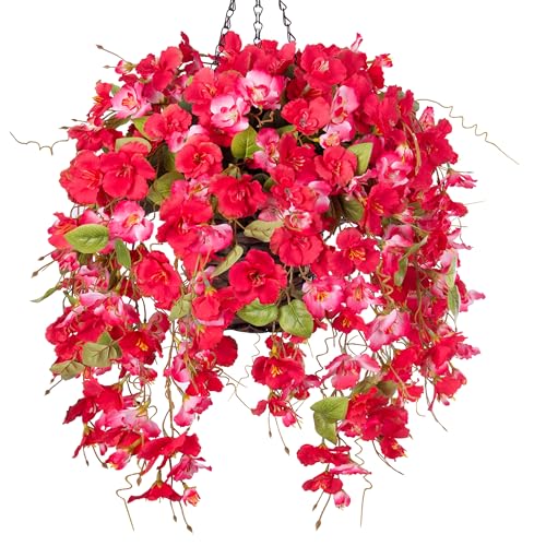 HyeFlora Artificial Fake Hanging Hibiscus Flower Baskets for Outdoor Decoration, Faux Silk Hibiscus Long Vines in Planter UV Resistant Realistic Flowers for Outside Porch Patio Home Decor, RedPink - color: Redpink