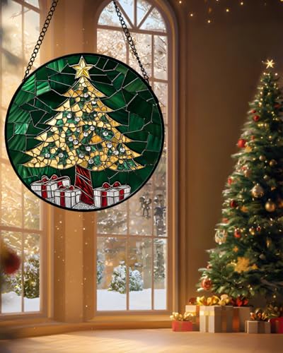 Stained Glass Window Hanging - Gold Green Christmas Tree Suncatcher for Doors Home Christmas Decoration Winter Sun Catcher Thanksgiving New Year Birthday Gifts for Women Men Mom Nana 6.3 in - color: Green and Gold, size: 6.3x6.3 IN