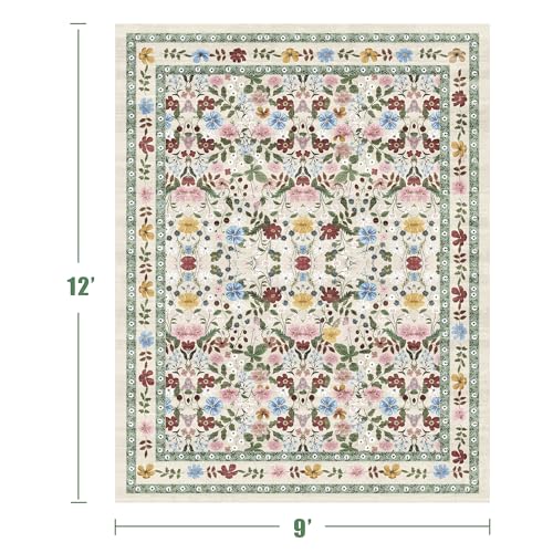Deerly Large Floral Washable Area Rugs 9x12 for Living Room Vintage Boho Non-Slip Bedroom Carpet Soft Low Pile Thin Floor Mat Indoor for Dining Room Playroom Nursery Farmhouse, Beige/Green/Multi - color: Beige/Green/Multi, size: 9' x 12' (Rectangular)