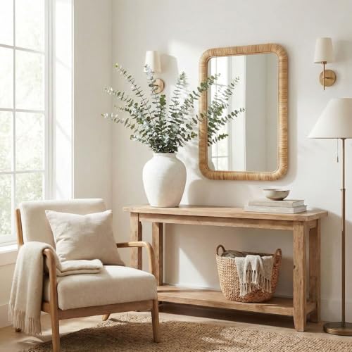Barnyard Designs Rattan Wall Mirror, Rectangular Farmhouse Boho Accent for Bathroom, Entryway or Bedroom, Woven Natural Honey Rattan Frame (24" x 36", Rectangular) - size: 36"L x 24"W