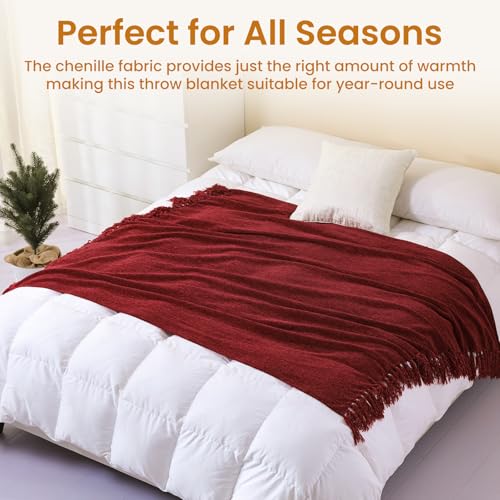 Burgundy Red Chenille Throw Blanket for Couch Bed，Soft Cozy Throw Blanket with Handmade Fringe, Decorative Blanket for Sofa Chair Living Room for Gift, (Burgundy Red) - color: Burgundy Red, size: 50“ x 60"