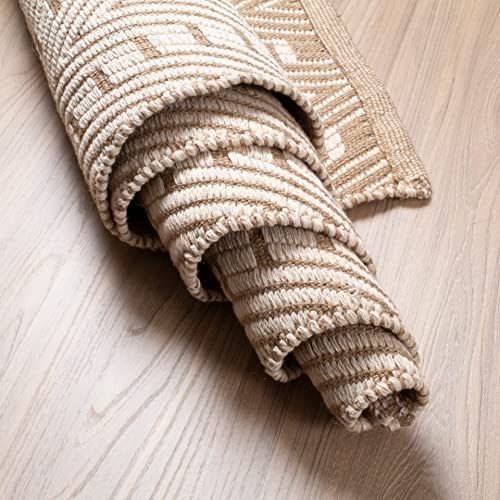 Ramanta Home Jute Cotton Geometric Area Runner Natural White 24x72 Inches, Farmhouse Reversible Boho Handwoven Runners for Hallway, Bedroom, Living Room | Nursey Neutral Floor Throw Carpet for Patio - color: Natural/White, size: 2' x 6' (Rectangular)