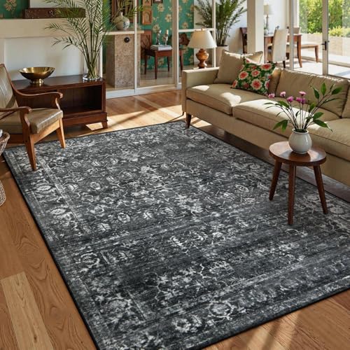 Lahome Margot 6x9 Area Rugs Washable Rugs for Bedroom Large Black Area Rug for Bedroom,Soft Vintage Distressed Rug Non Slip Stain Resistant Indoor Carpet for Dining Decor - color: Black/Grey, size: 6' x 9' (Rectangular)