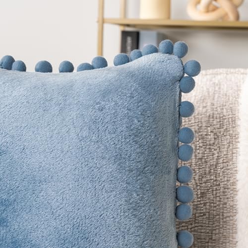 PAVILIA Dusty Blue Throw Pillow Covers with Pom Pom 18x18 Set of 2, Decorative Pillow Cases for Bedroom Aesthetic, Small Throw Pillows Set for Bed, Velvet Euro Plush Cushion Covers for Sofa Couch - color: Dusty Blue, size: 18" x 18" (Pack of 2)