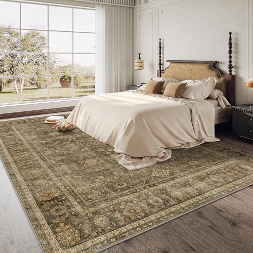 HelloTree Washable Rugs 8x10 Area Rug for Living Room, Vintage Boho Brown Rug Non Slip Carpet Retro Accent Indoor Mat Print Distressed Low Pile Throw Large Rug for Office Dining Room Bedside-Brown - color: Brown, size: 8' x 10' (Rectangular)