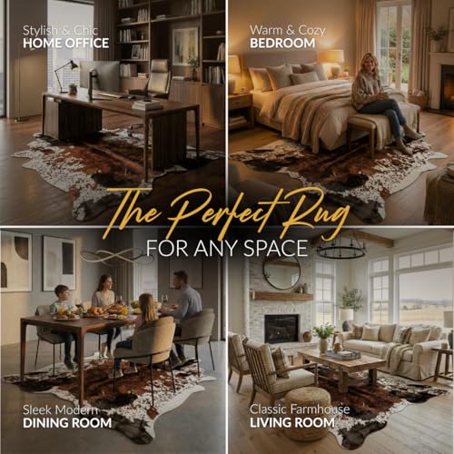 NativeSkins Faux Cowhide Rug 4'7" x 6'7" – Brown Cow Print Area Rug for Living Room & Bedroom – Non-Shedding, Flat-Lay, Pet-Friendly – Faux Suede Grip Backing – Vegan Western Farmhouse Decor - size: 4'7" x 6'7" (Large)