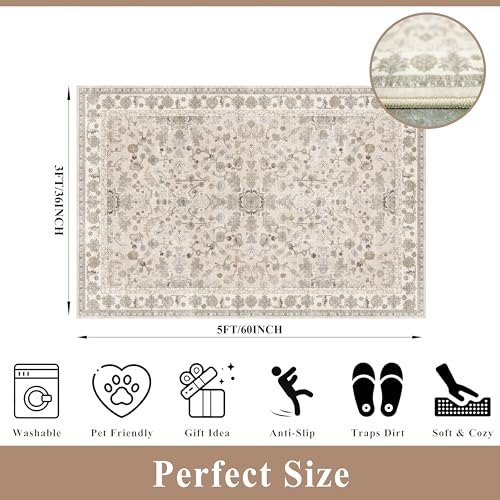 3x5 Kitchen Rug Washable Non-Slip, Beige Modern Boho Indoor Small Area Rugs for Entryway Bedroom Living Room, Soft Low-Pile Thin Door Mat - color: Beige, size: 3' x 5' (Rectangular)