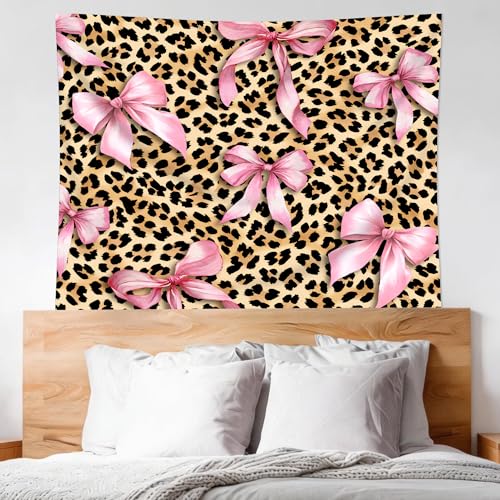 Cinbloo Cheetah Leopard Tapestry 59Wx51H Inch Pink Bow Funny Lovely Brown Wall Hanging for Womwn Girly Girls Fashion Cute Classroom Home Dorm Decor Art Living Room Bedroom - color: B-Pink Brown