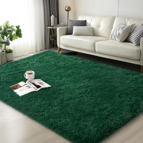 Mugorn 3x5 Rugs for Bedroom, Fluffy Dark Green Area Rugs for Living Room, Soft Shag Kids Rug Small Carpet with 4 Non-Slip Rug Pads (3ft x 5ft, Dark Green) - color: Dark Green, size: 3ft X 5ft