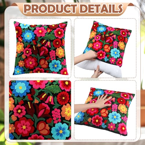 HunnmingRe Mexican Embroidered Throw Pillow with Insert 18 x 18 Inch Mexican Boho Embroidered Pillow Cover Decorative Fiesta Colorful Floral Cushion Decor for Sofa Living Room Couch Bedroom(Black) - color: Black
