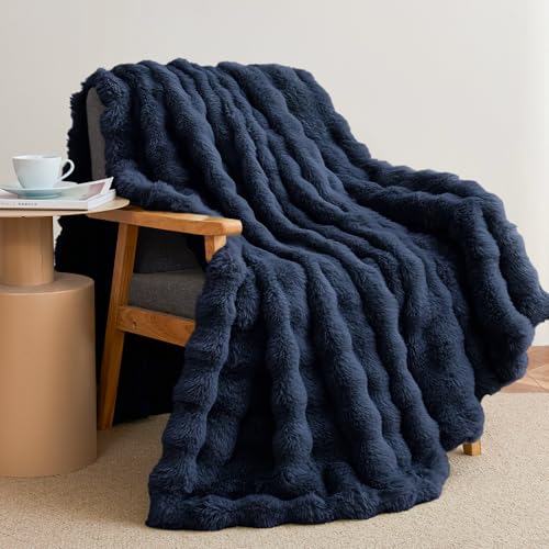 Faux Rabbit Fur Throw Blanket for Couch, Fluffy Warm Plush Thick Bubble Blanket for Bed Sofa Living Room, Soft Cozy Furry Blanket, 50x60 inches, Navy Blue - color: Navy Blue, size: Throw50"x60"