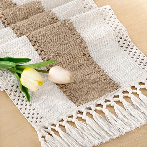 Socomi Boho Table Runner Summer Farmhouse Rustic Dining Kitchen Centerpiece Decor Small Macrame Woven Cotton Linen Coffee Table Runner for Dresser Scarf Home Decor 12x48 inch - color: Brown & Ivory, size: 12" X 48"