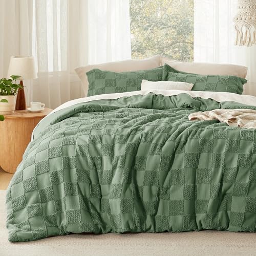Bedsure Green Queen Size Comforter Set, Boho Tufted Bed Set, Checkered Farmhouse-Style Distressed Vintage Bedding, 3 Pieces, 1 Plaid Geometric Comforter and 2 Pillow Shams - color: 02 - Green - Tufted Checkboard, size: Queen