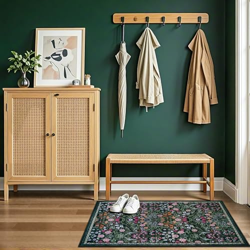 Entryway Rug 2X3 Small Rugs: Floral Washable Door Mat Vintage Soft Low Pile Non-Slip Kitchen Rugs Stain Resistant Indoor Throw Rug for Entrance, Bedroom, Kitchen, Laundry, Bathroom Dark Green - color: Dark Green, size: 2' x 3' (Rectangular)