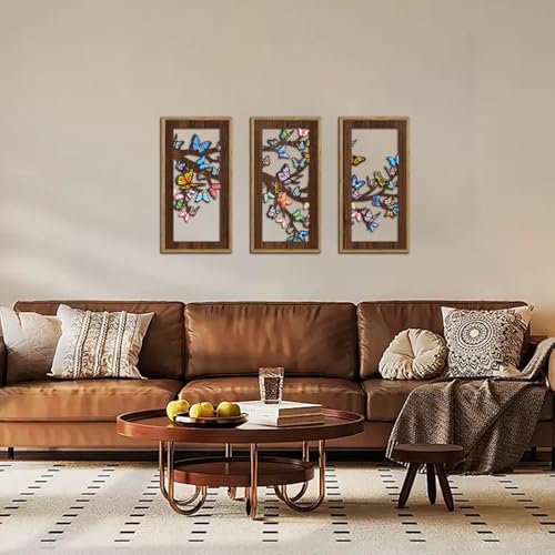 KAIRNE Butterfly Wooden Wall Art,Boho Wall Decor Chic Set of 3(8”X16”),Vintage Tree Animal Hanging Wall Decor,Rustic Farmhouse Wall Sign,Minimalist Natural Posters for Bathroom Living Room Decor,Framed - color: Butterfly Wooden Wall Art, size: 8"L x 16"W