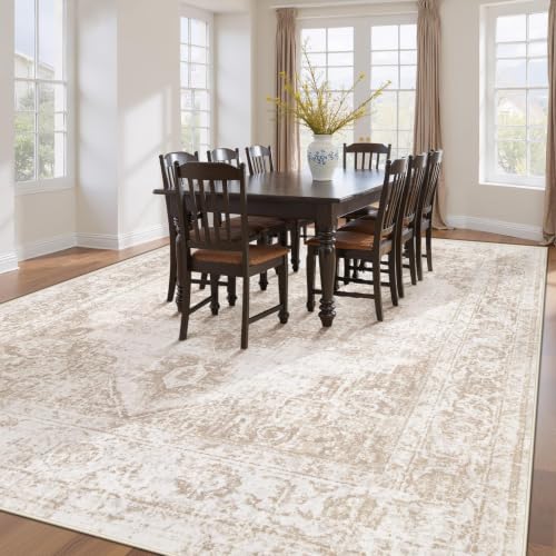 Area Rug 10x12 Vintage Rug: Large Washable Indoor Medallion Rugs Low Pile Distressed Floor Carpet Retro Accent Rug for Living Room Bedroom Dining Room Home Office(Beige, 10'x12') - color: Beige, size: 10' x 12' (Rectangular)