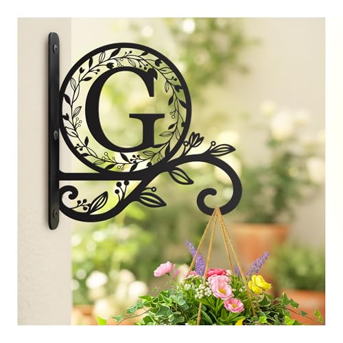 Metal Initial Letter G Plant Hanger Bracket, Decorative Wall Mount Hanging Plant Hook, Monogram Floral Leaf Garden Decor for Hanging Baskets, Bird Feeders, Lanterns, Wind Chimes - style: G