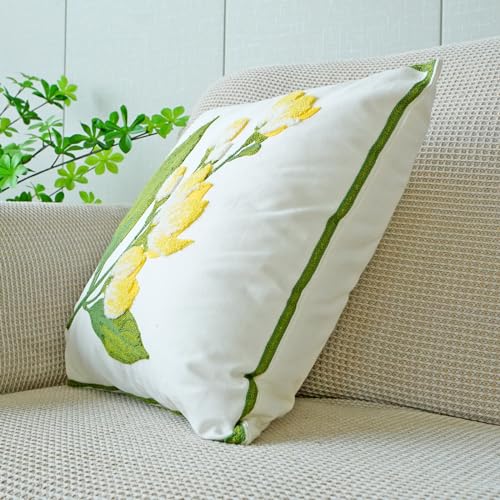 vctops Farmhouse Hibiscus Flowers Cotton Tufted Throw Pillow Cover Spring Floral Embroidery Pillowcase Soft Square Cushion Case for Sofa Couch Bed Chair (Yellow F,18"x18") - color: Yellow F