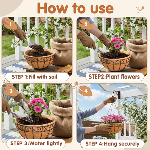 14 inch Metal Hanging Baskets For Plants Outdoor 4 Pack Round Metal Wire Hanging Basket Planter with Coco Fiber Liners Chain Round Wire Plant Holder for Garden, Patio, Deck, Porch Plants Flower Potss - size: 14 Inch, style: Flower Border