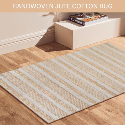 Area Rug Farmhouse 3x5 Feet - Hand Woven Jute Cotton Rug Bohemian Rustic Vintage - Non Slip Floor Rug for Bedroom Living Room Kitchen Dorm Entryway Hallway - Area Rug Natural - color: Natural, size: 3'x5'