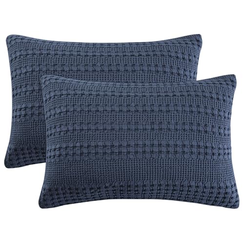 PHF 100% Cotton Waffle Pillow Shams Standard Size, 2 Pack 20" x 26" Soft Skin-Friendly Pillowcases, No Filling, Aesthetic Woven and Breathable Waffle Weave Pillow Case Covers for Bed, Indigo - color: Indigo, size: 26" x 20" (Pack of 2)