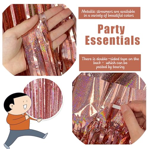 3 Pack Rose Gold Fringe Curtain Backdrop Birthday Bachelorette Party Decorations Metallic Tinsel Streamers Foil Backdrop Christmas Graduation Wedding New Year Party Decorations - color: Rose gold