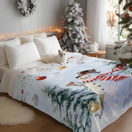 Snowman Throw Blankets, Blue Merry Christmas Tree Red Balls Squirrel Soft Fleece Blanket Decorative for Home Sofa Couch Chair Living Bedroom,40x50 Inches, Winter - color: Christmas-lxm13058, size: 40x50 Inch