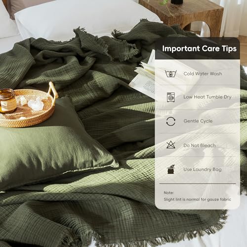 MooMee Muslin Blanket - 100% Cotton 4-Layer Gauze Throw Blanket with All-Around Fringe, Soft Breathable Lightweight Cooling Summer Blankets for Bed Couch (Olive Green,Queen 90" x 90") - color: Olive Green, size: Queen