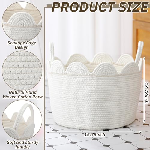LemonRoad White Round Basket Large Blanket Basket 15.8" L X 15.8" W X13.8" H Scalloped Woven Baskets Cotton Storage Baskets for Nursery Classroom Closet Blankets Storage Home Decor - color: White, size: 15.8" L X 15.8" W X13.8" H