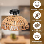 12.2" Rattan Ceiling Light Fixtures 2 Packs, Rustic Woven Basket Flush Mount Ceiling Light, Handmade Wicker Ceiling Lamp, Rattan Chandelier For Kitchen Island, Hallway, Living Room, Bedroom, E26 Base - color: Brown
