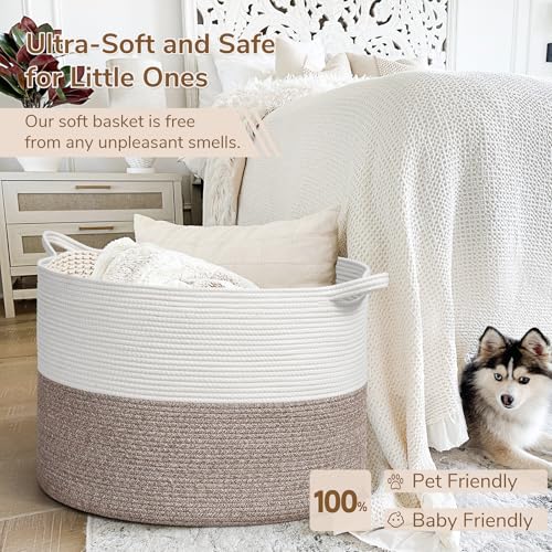 INDRESSME 115L Extra Large Blanket Basket, Soft Cotton Rope Storage Basket for Organizing, Home Decor, Toys, Laundry & Towels, Toy Storage Organizer for Living Room & Nursery, White & Brown - color: White & Brown, size: 23.6"D x 15.7"H