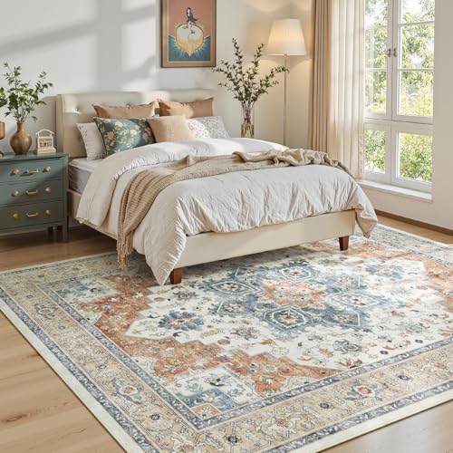 9x12 Rug for Living Room - Large Vintage Farmhouse Eclectic Medallion Carpet, Washable Low Pile Non-Slip Area Rug for Dining Under Table, Bedroom Under Bed,Office, Neutra Beige and Orange - color: Beige Orange, size: 9' x 12' (Rectangular)